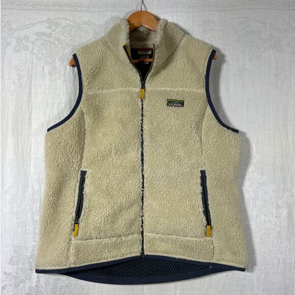 LL Bean Faux Serpa Vest XL Cream Navy Full Zip Mountain Deep Pile - Picture 1 of 7